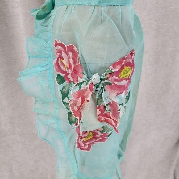 VINTAGE 50s Hostess Waist Apron Sheer Blue Sheer Ruffled - Picture 4 of 12